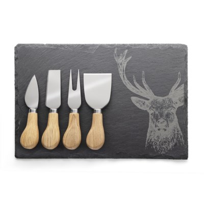 Taylors 4pc Oak Cheese Knife & Stag Design Slate Board Set