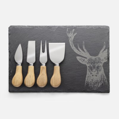 Taylors 4pc Oak Cheese Knife & Stag Design Slate Board Set