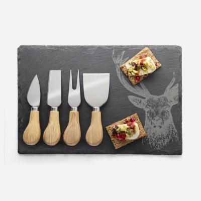 Taylors 4pc Oak Cheese Knife & Stag Design Slate Board Set