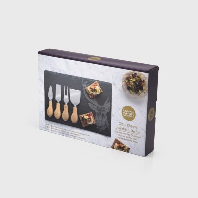 Taylors 4pc Oak Cheese Knife & Stag Design Slate Board Set