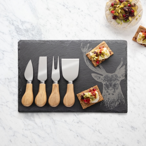 Taylors 4pc Oak Cheese Knife & Stag Design Slate Board Set